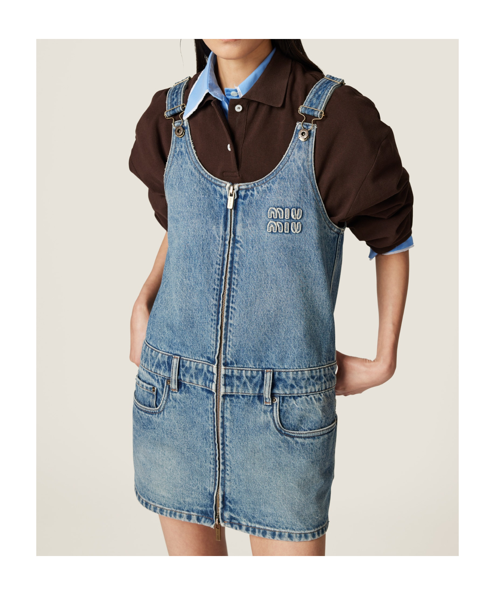 Miu Miu Denim And Poplin Zipper Dress In Blue