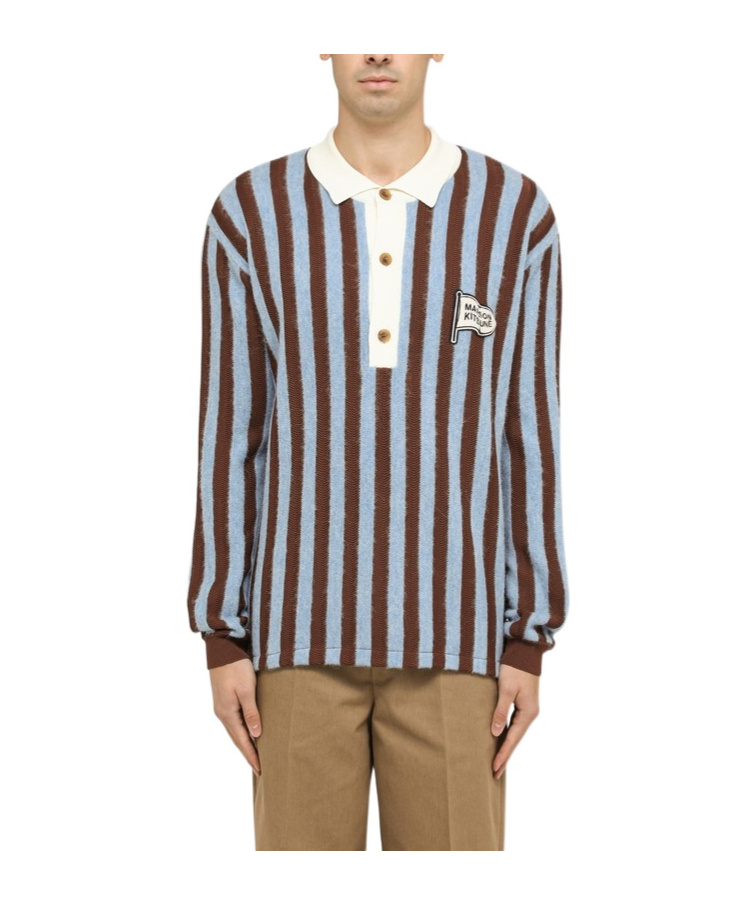 Maison Kitsuné Long-sleeved Striped Polo Shirt In Brown