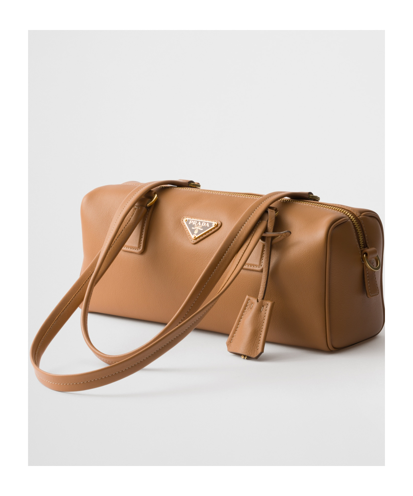 Prada Re-nylon And Leather Medium Top-handle Bag With Padlock In Brown