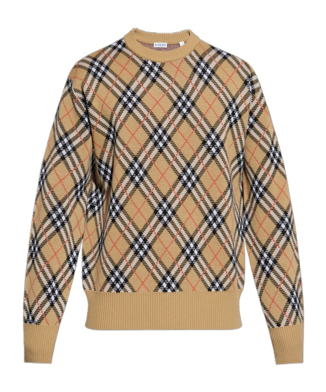 Burberry Check-pattern Wool Crew Neck Sweater Clothing In Neutral