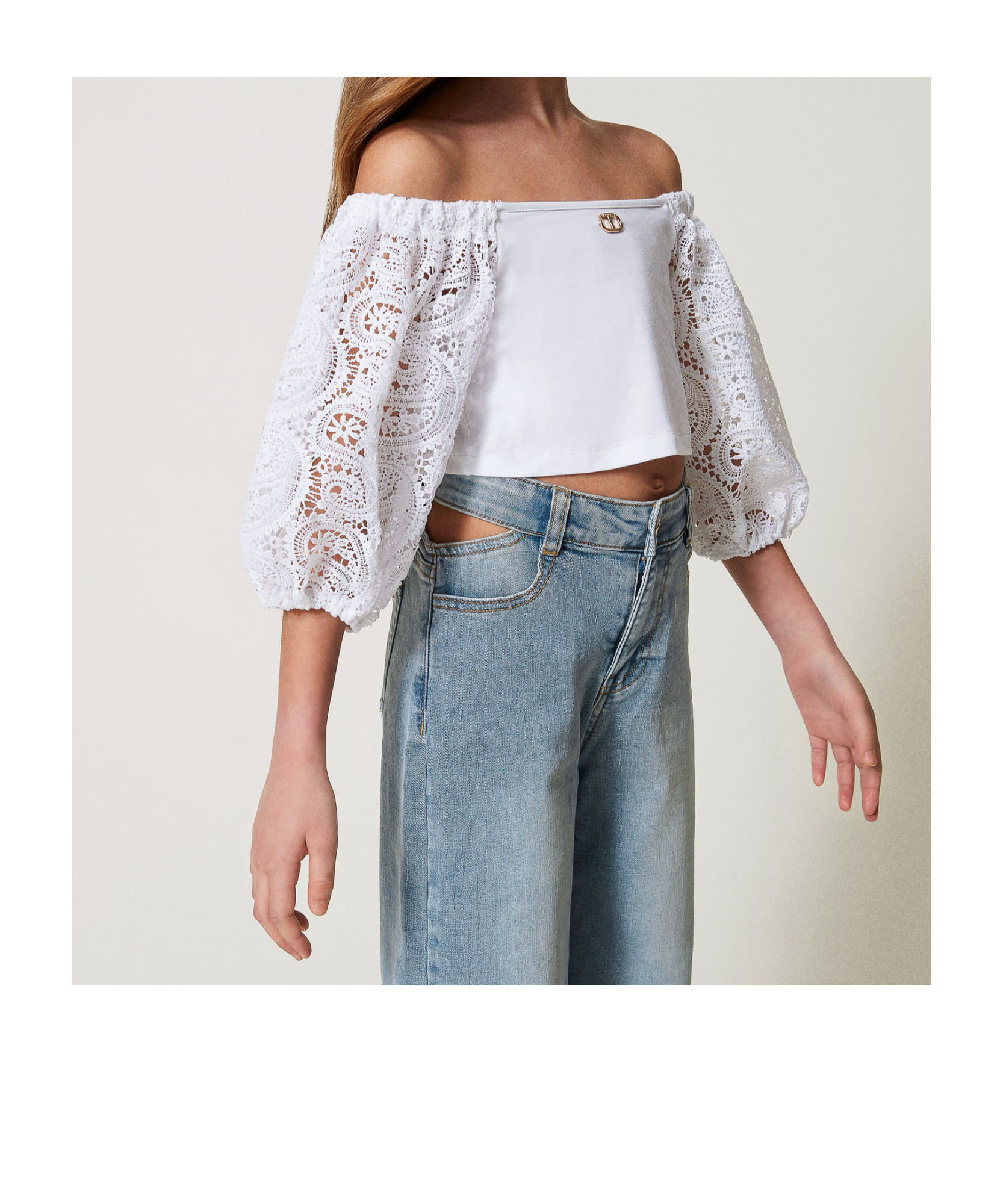 Twinset Top With Macramé Lace Balloon Sleeves In White