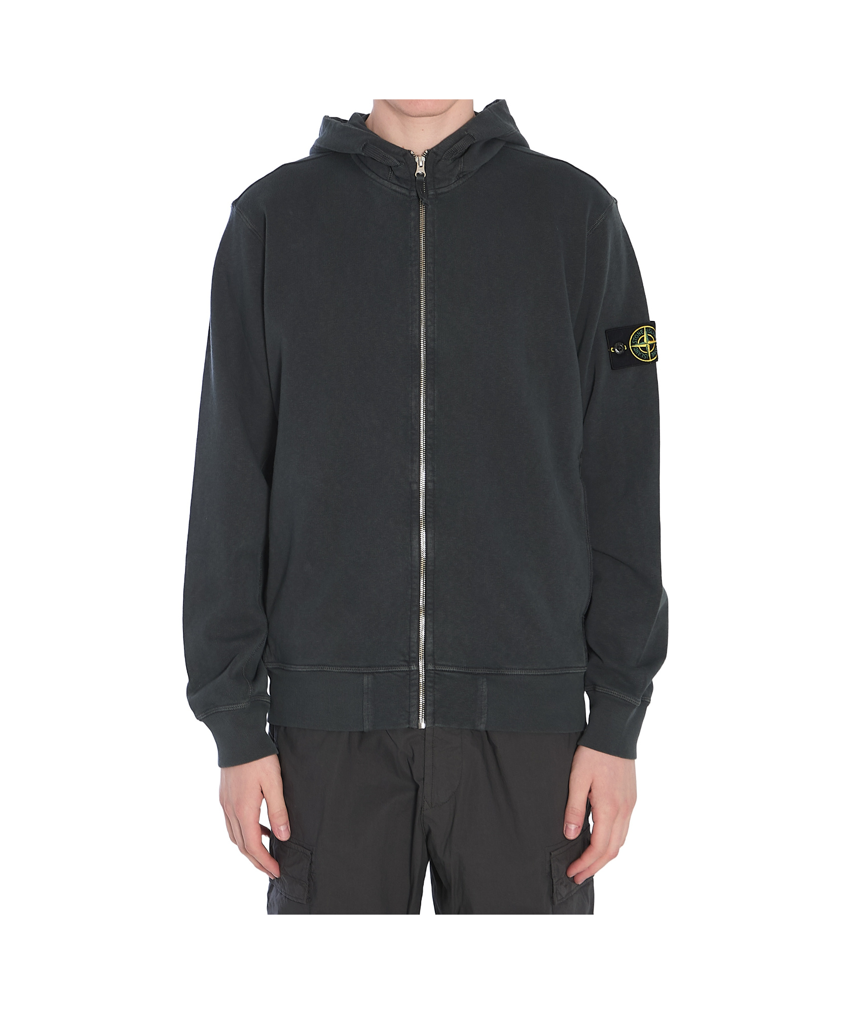 Stone Island Front Zip Closure Grey Zipper Hoodie In Black