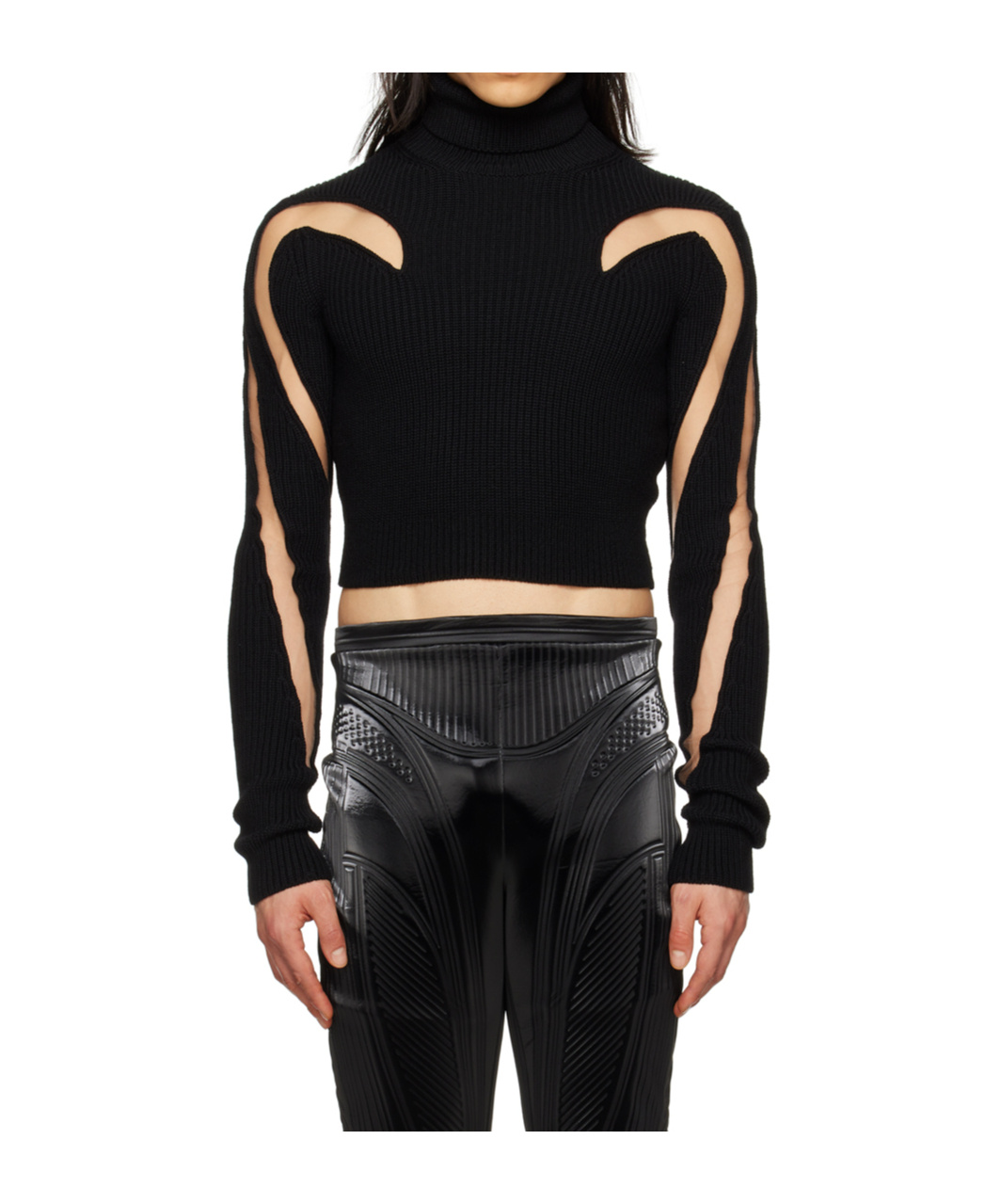 Mugler Wool & Sheer Tulle Turtleneck Sweater In Black