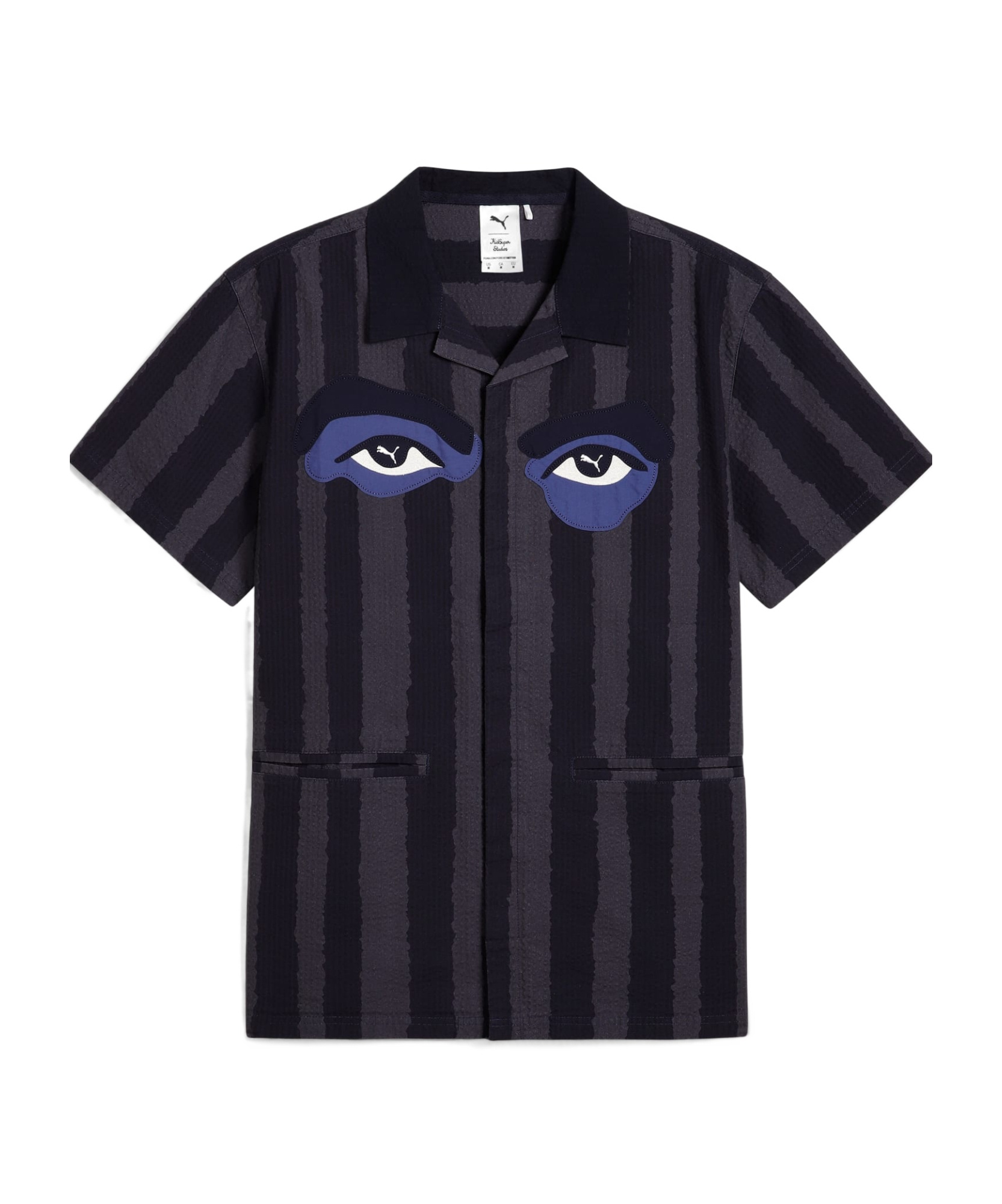 Puma X Kidsuper Stripe Cotton Seersucker Camp Shirt In Navy Blue