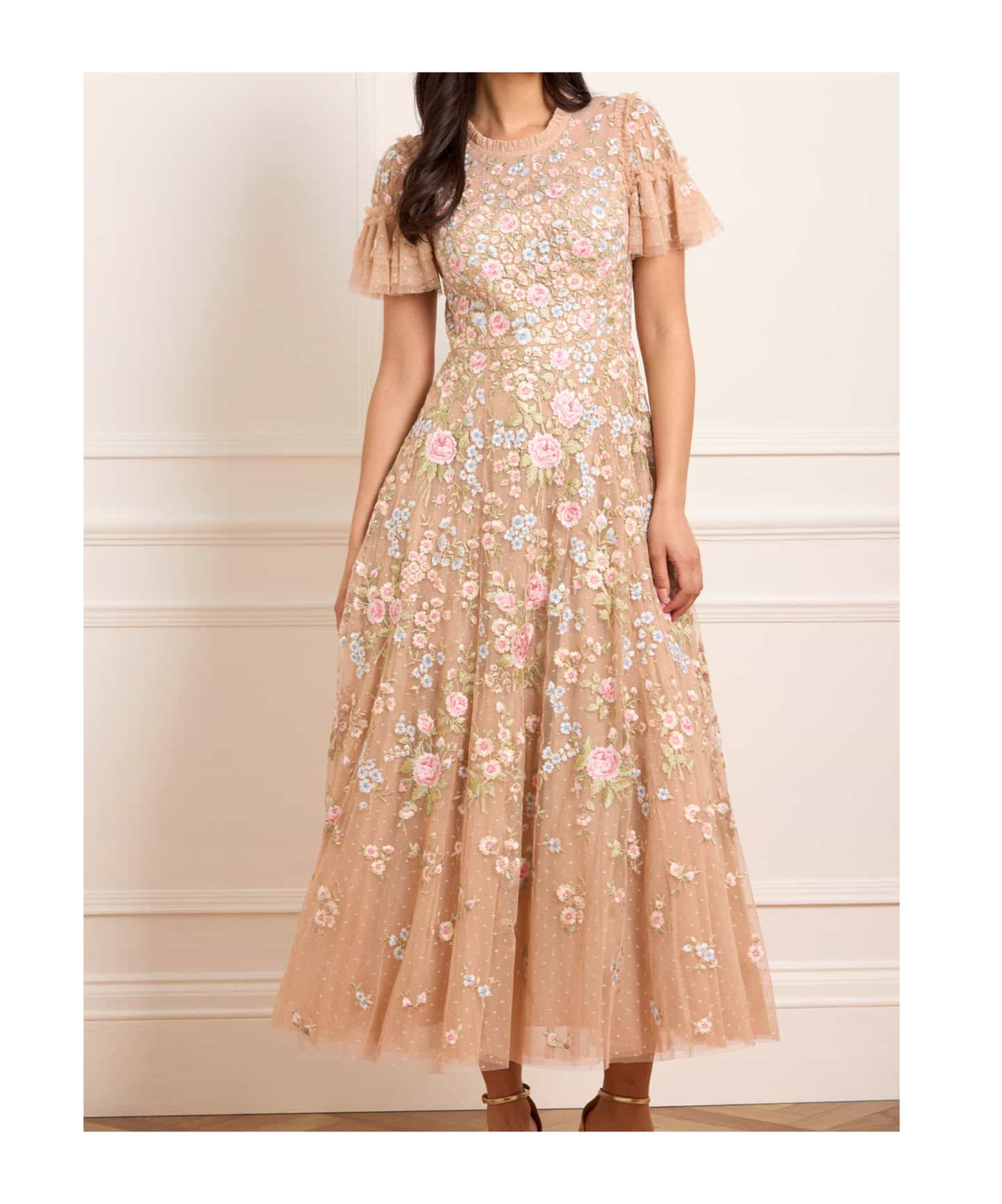 Needle & Thread Antoinettes Embroidered-sequins Ruffled Midi Dress In Neutral