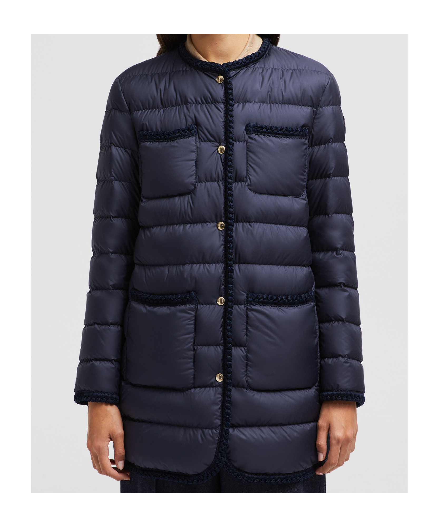 Moncler Gencaylong Woven Trimmed Long Down Jacket In Blue