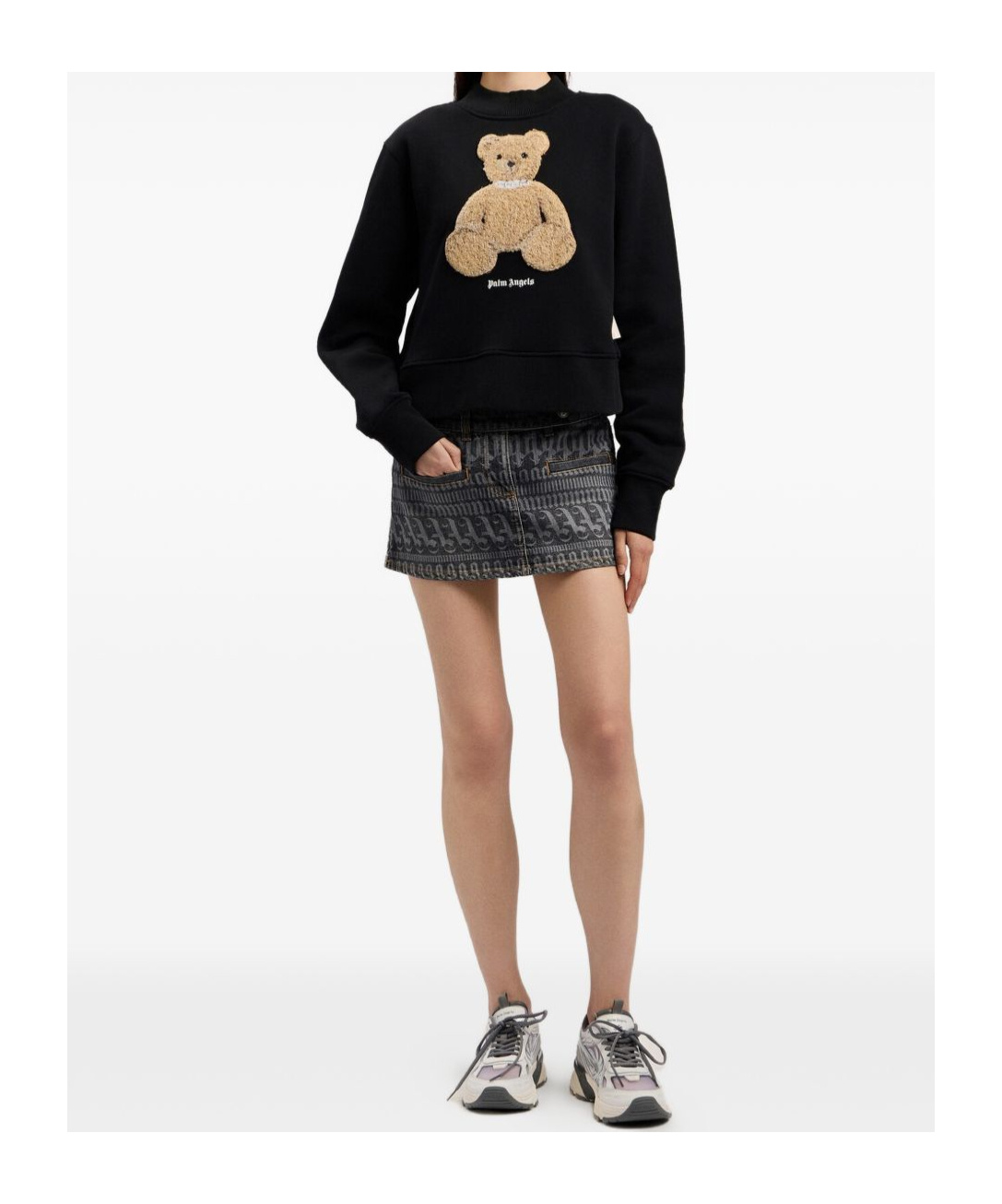 Palm Angels Bear Motif Knit Crew Neck Sweatshirt In Black