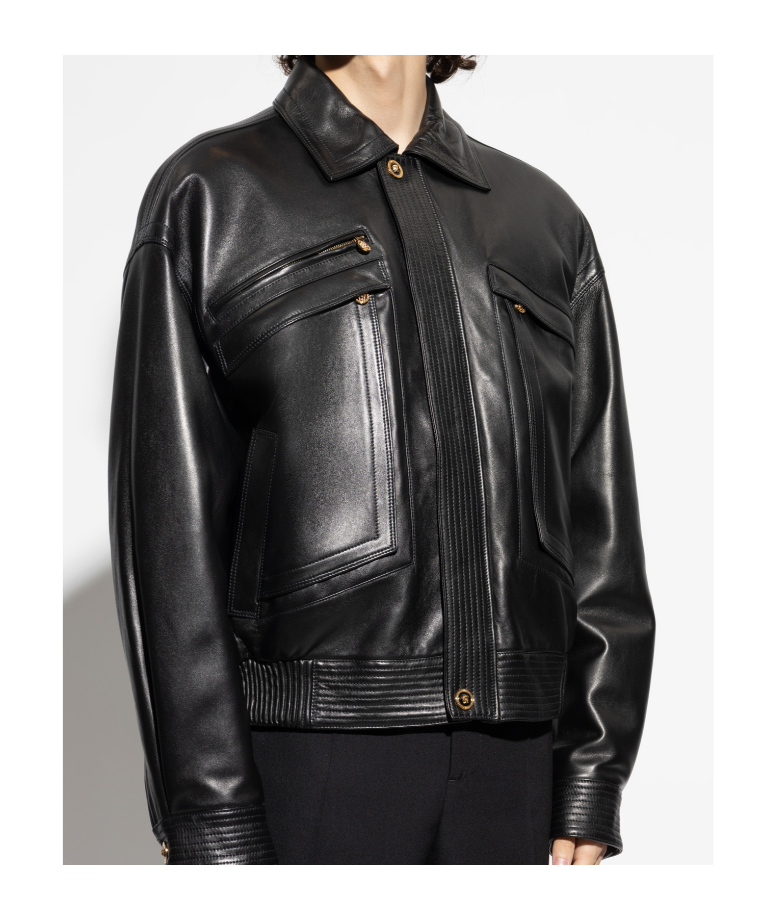 Versace Long Sleeve Leather Jacket In Black