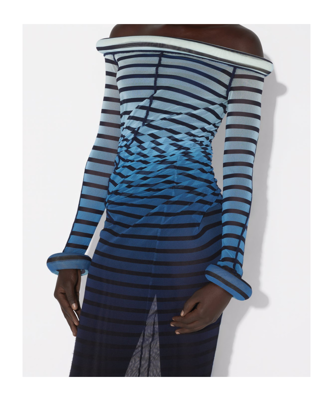Jean Paul Gaultier Elegant Mesh Boat Neck Long Dress With 3d Collar And Cuff In Black