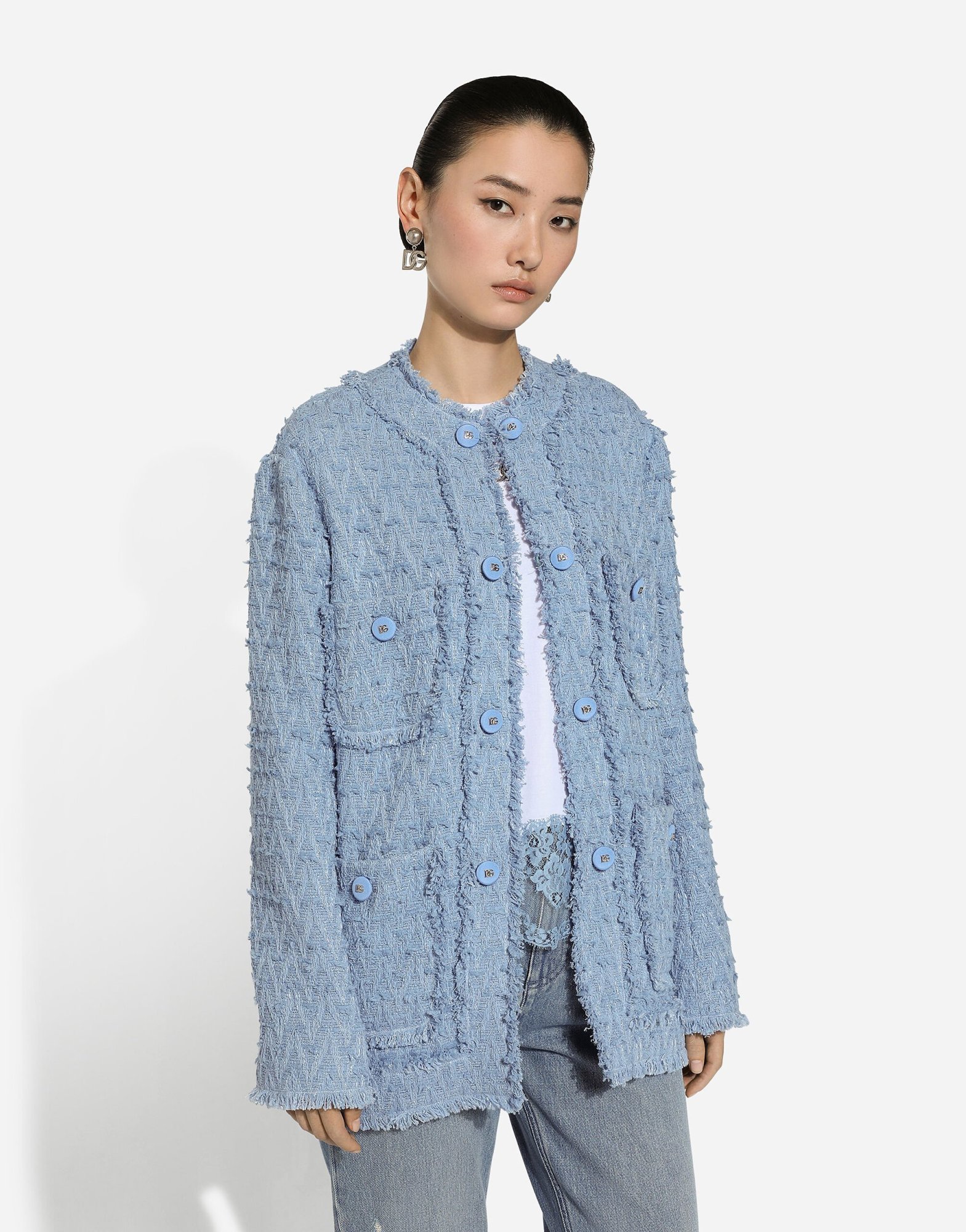 Dolce & Gabbana Light Blue Single-breasted Jacket With Logo Detail On Buttons In Cotton Blend Woman In Blue