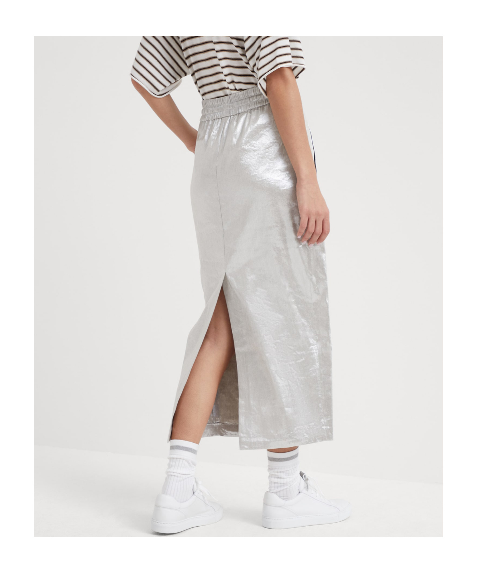 Brunello Cucinelli Metallic Drawstring Midi Skirt In Silver