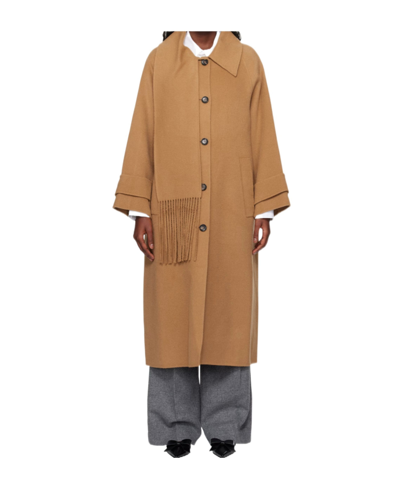 【KIMHEKIM】Alpaca Fringe Scarf Long Coat (Beige) Kimhēkim Tan Alpaca Fringe Scarf Long Coat In Beige | ModeSens
