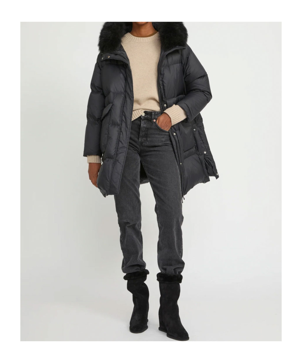 Yves Salomon Lambshearling-hooded Down Jacket In Black