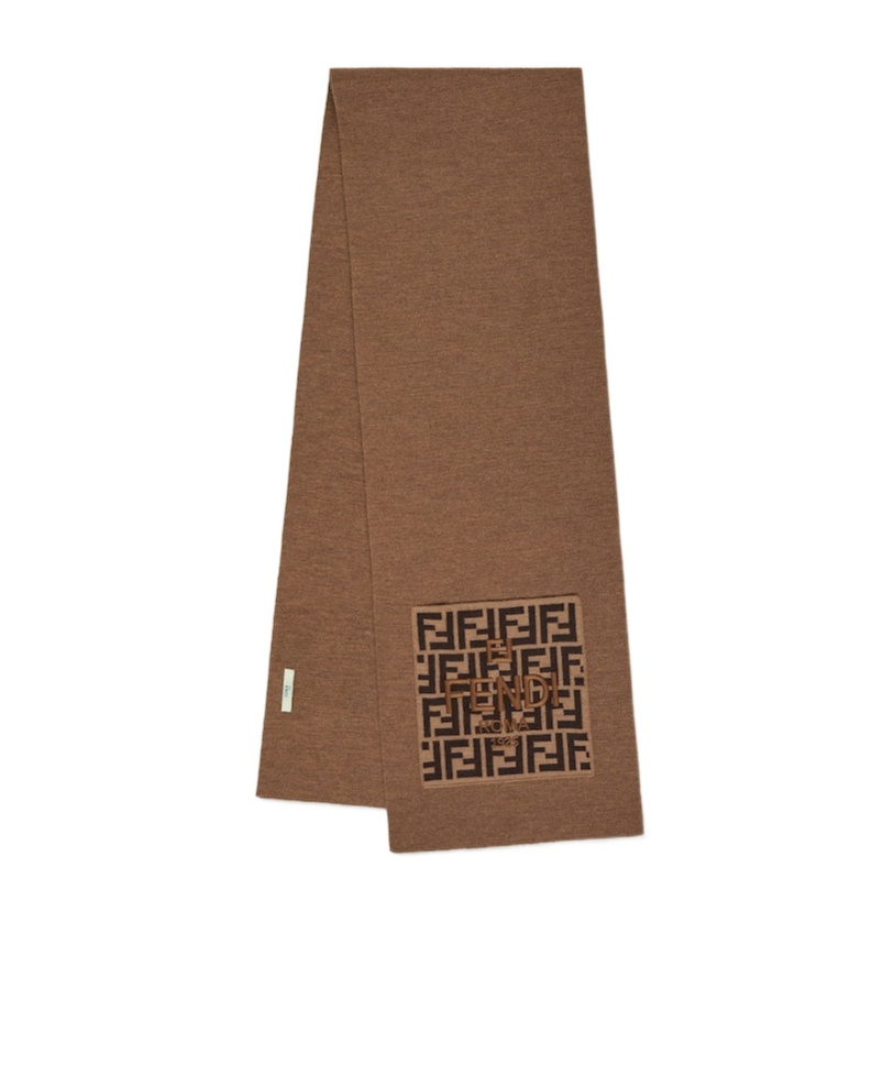 Fendi Caramel Wool Junior Scarf With Logo In Brown