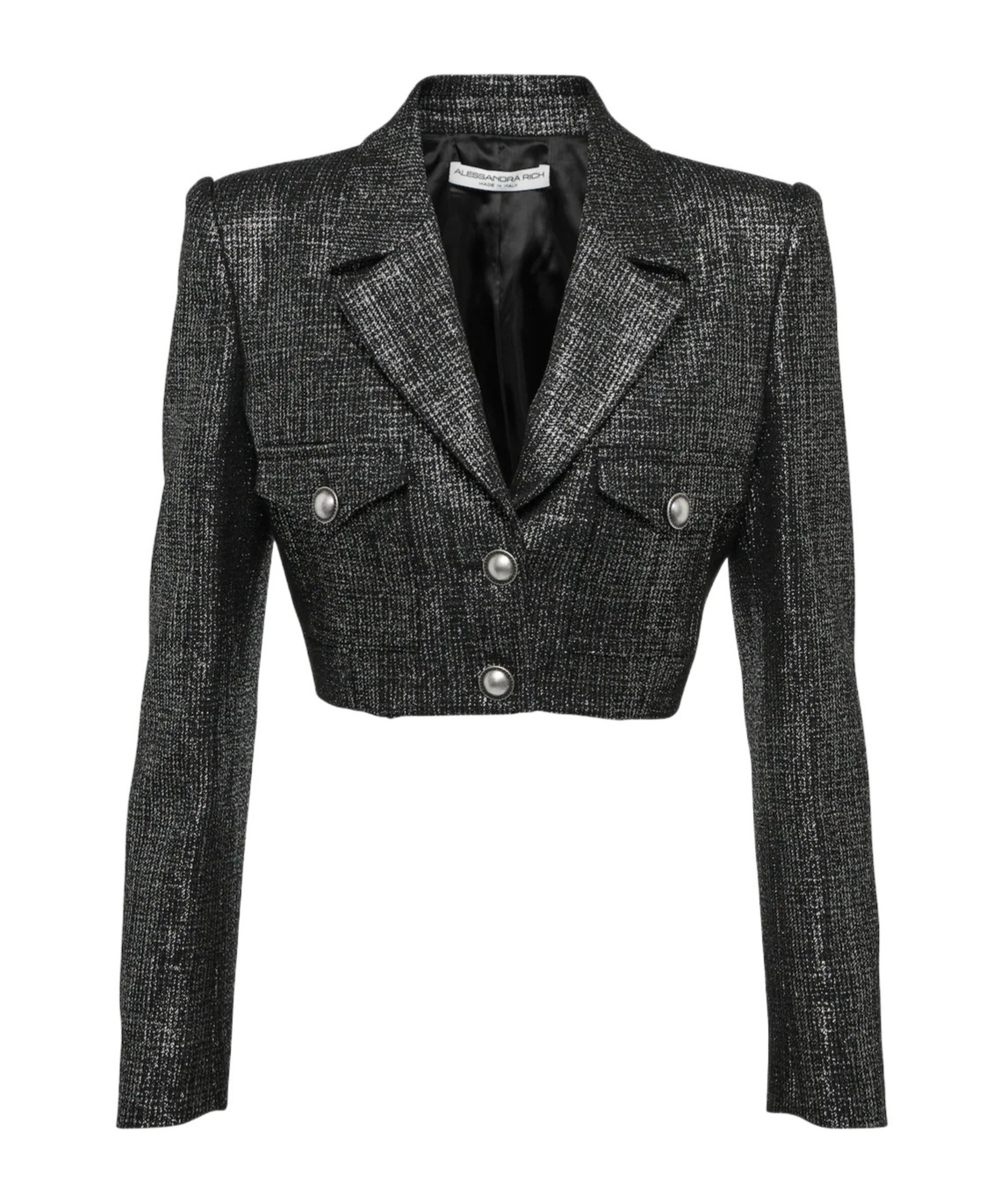 Alessandra Rich Metallic Tweed Cropped Jacket In Black