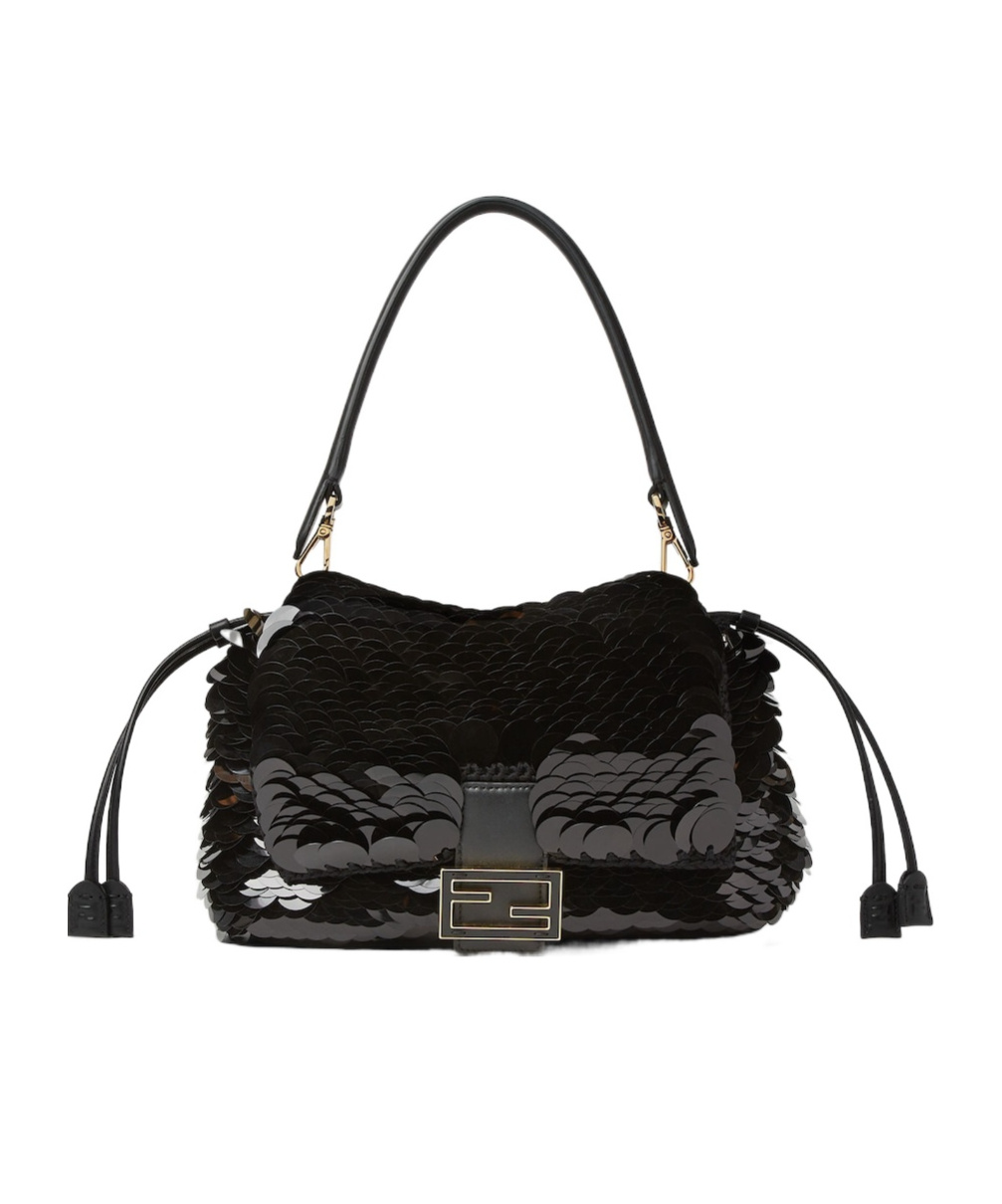 Fendi Mamma Baguette Medium Sequin Crochet Tote In Black