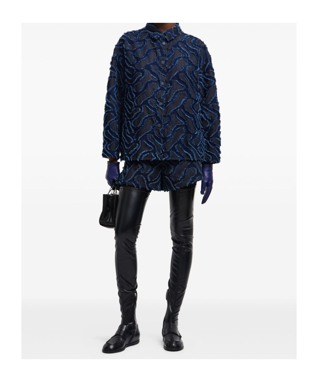 Emporio Armani Fringed Embossed-motif Jacquard Denim Shirt Jacket In Blue