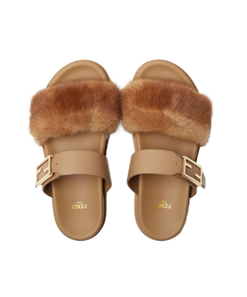 Fendi Light Brown Leather And Mink Slides
