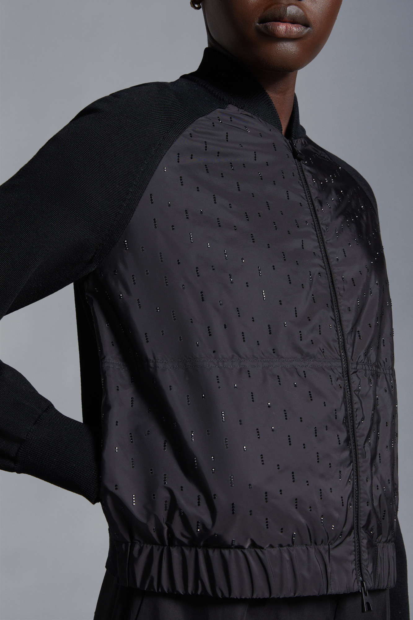 Moncler Crystal Zipper Cardigan In Black
