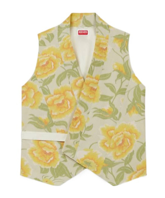 Shop Kenzo ' Peonies' Kimono Waistcoat In Cotton Linen And Satin Solid