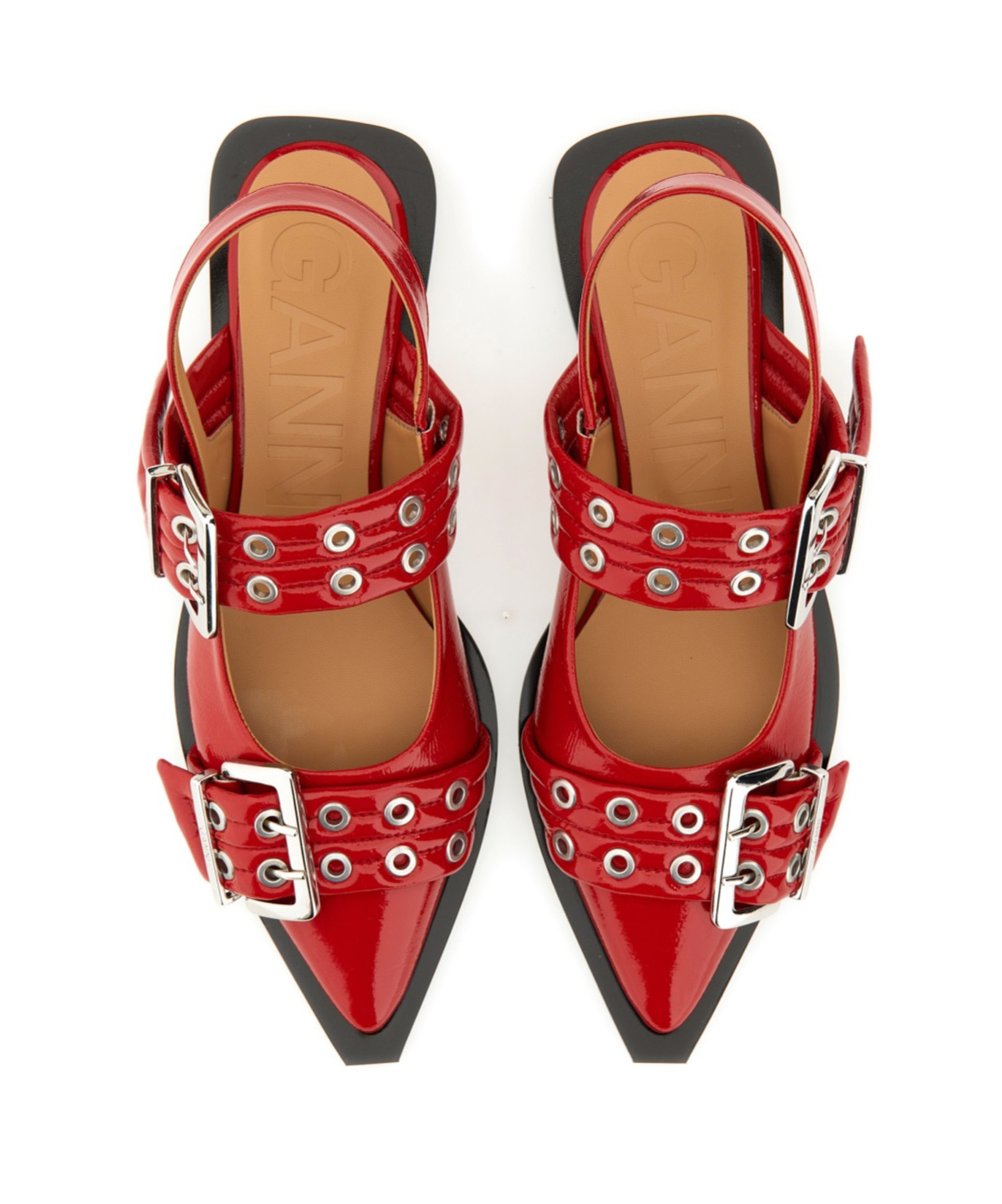 Ganni Red Wide Welt Buckle Ballerina Flats In Red