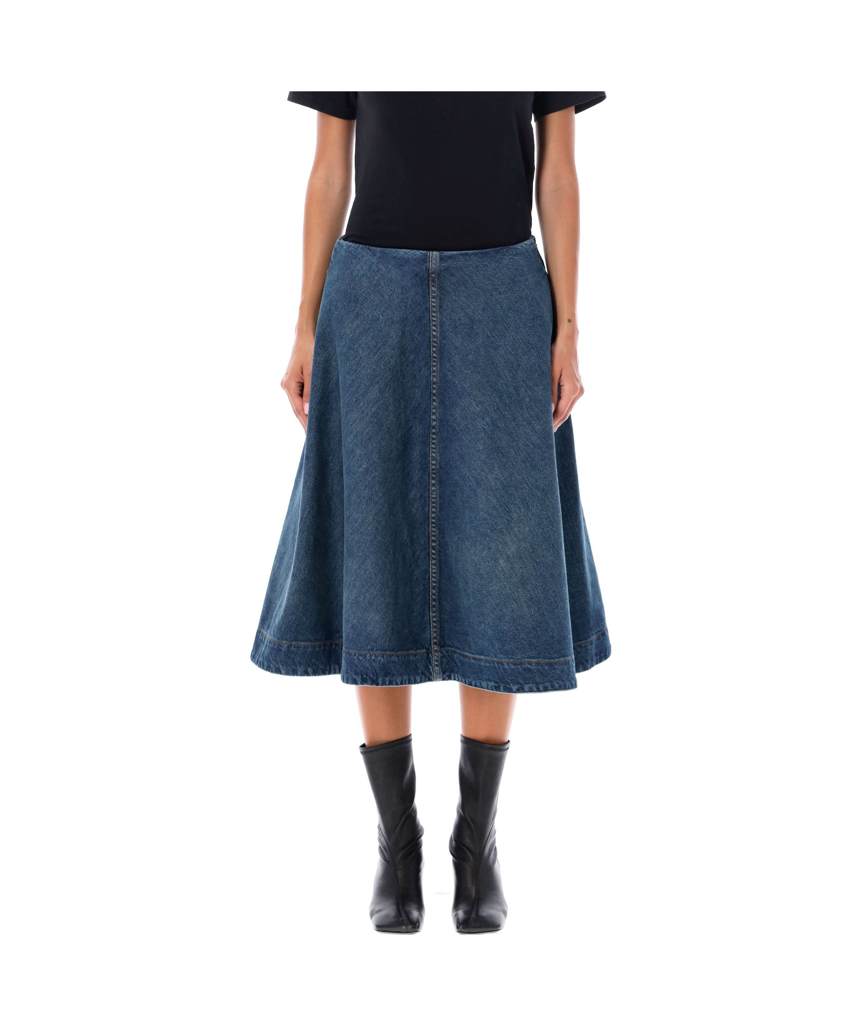 Shop Khaite Renta Flared Denim Midi Skirt In Blue