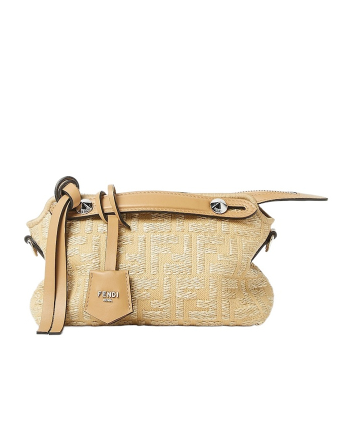 Shop Fendi Jacquard Fabric Bag With Raffia Ff In Beige