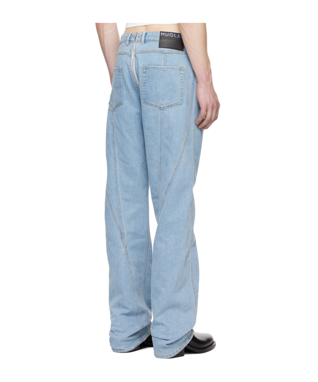 Mugler Faded Zipper Jeans Pants In Blue