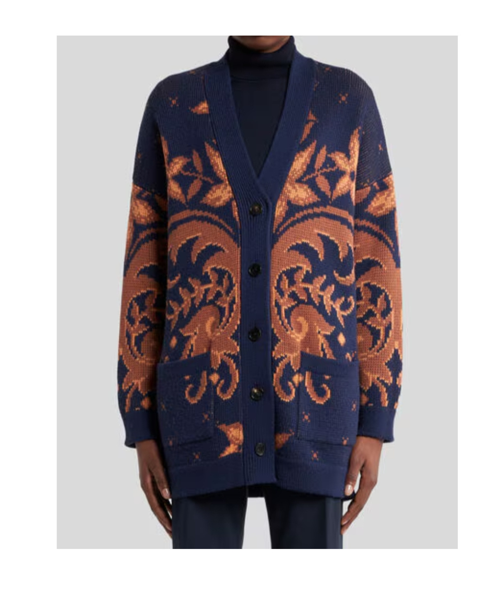 Etro Wool Jacquard V-neck Cardigan With Front Pockets In Blue