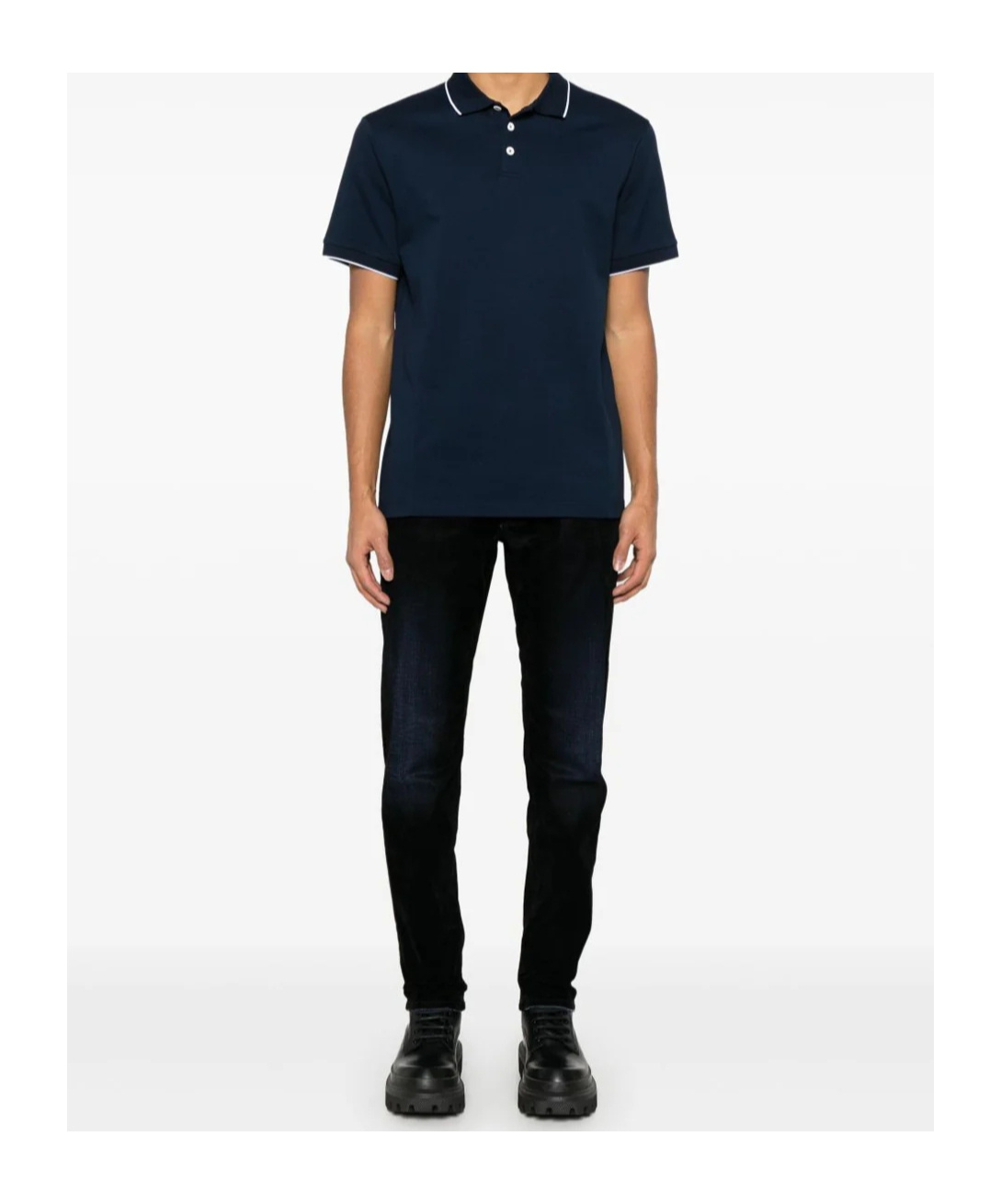 Giorgio Armani Tipped Short Sleeve Cotton Polo In Navy Blue