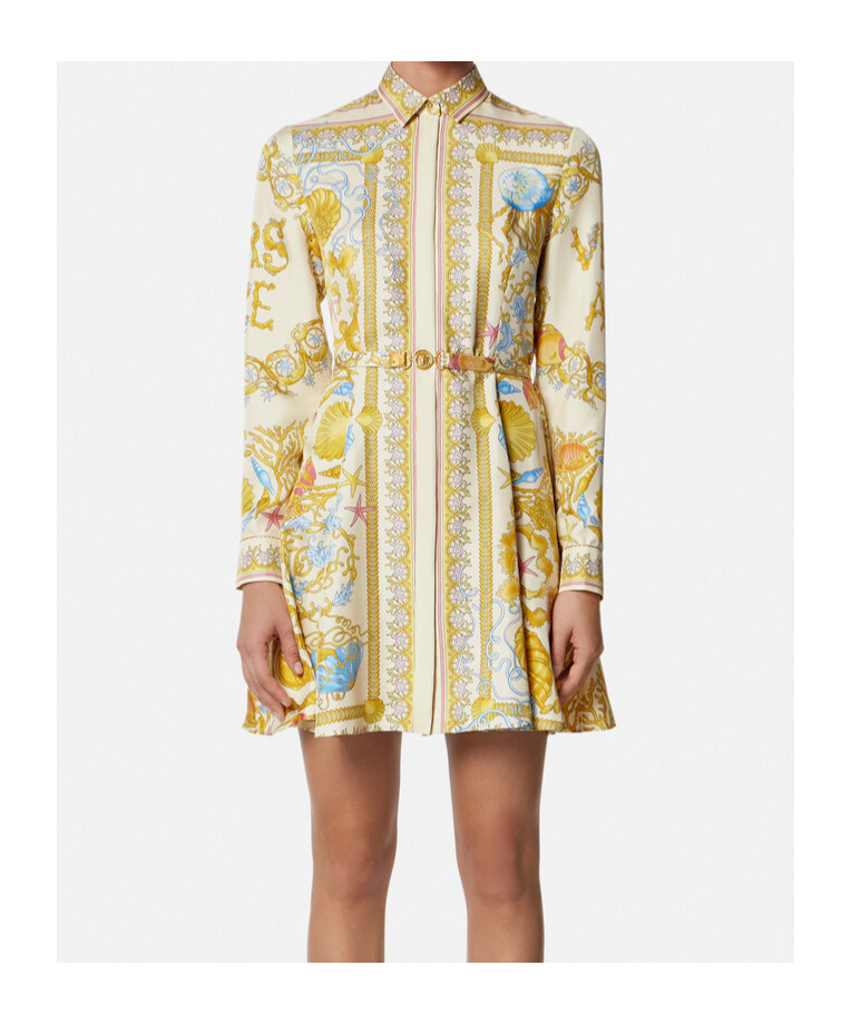 Versace Underwater Barocco Silk Midi Shirt Dress