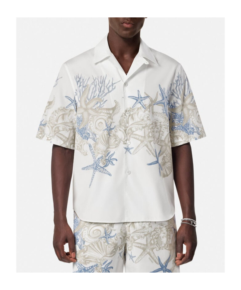 Versace Coral Print Cotton Short Sleeve Shirt In White