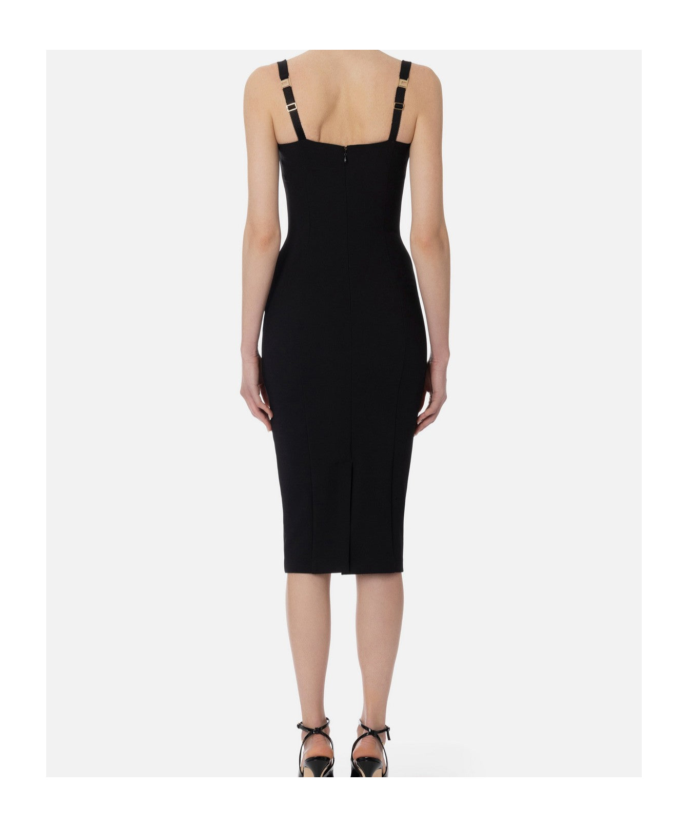 Elisabetta Franchi Double Stretch Crepe Dress With Embroidered Scalloping In Black