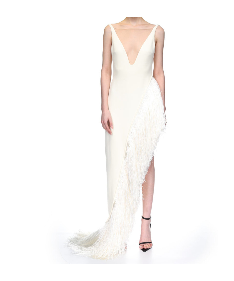 David Koma Raffia-fringe Asymmetric-hem Gown In White