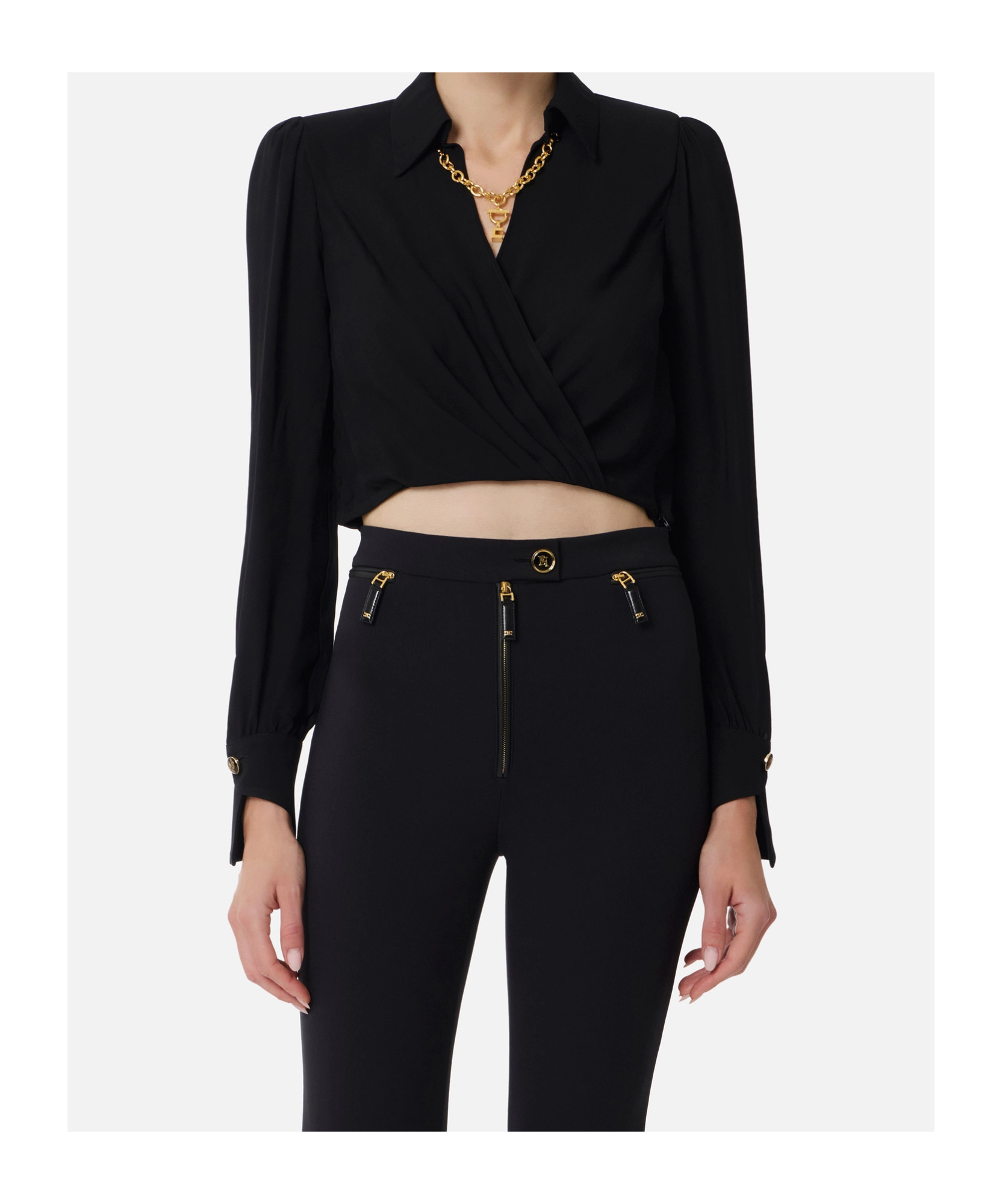 Elisabetta Franchi Blouse In Georgette Fabric With Jewel Detail In Black