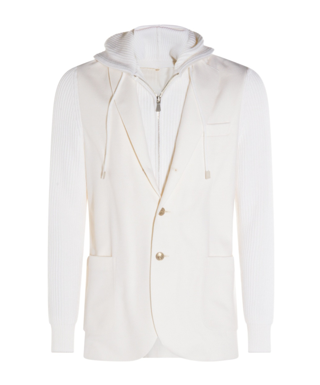 Eleventy Hooded Blazer With Front Pockets And Ribbed Sleeves In White