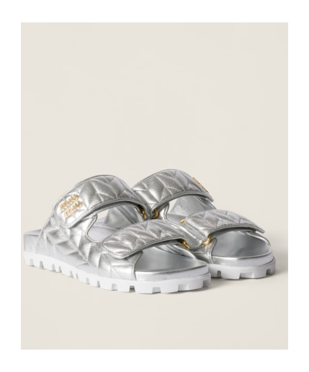 MIU MIU METALLIC MATELASSÉ NAPPA LEATHER SLIDES