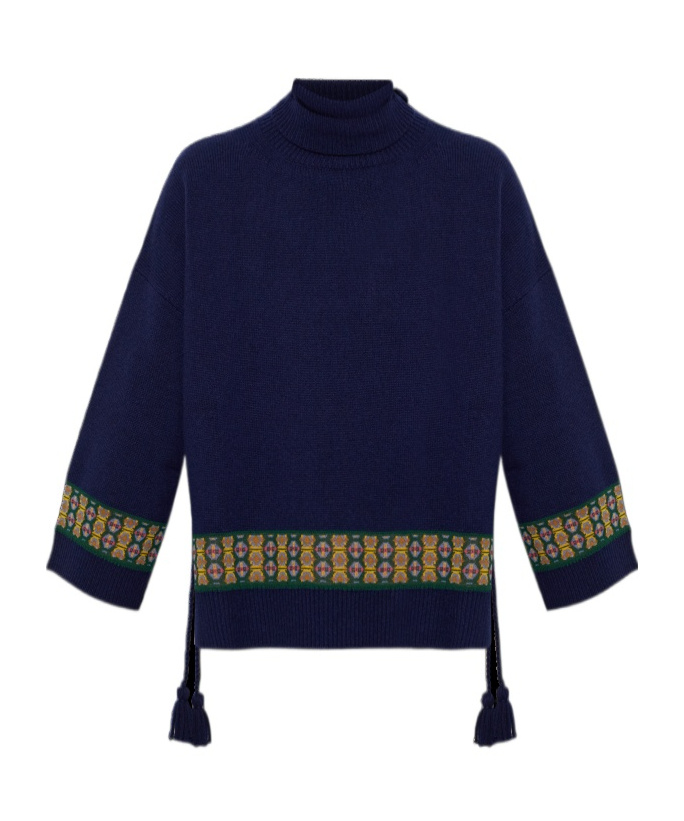 Etro Wool-blend Kimono Sweater With Tassels And Geometric Motif In Navy Blue