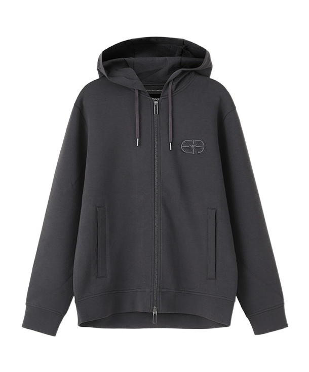 Emporio Armani Drawstring Hooded Sweater Ribbed Cuffs In Black