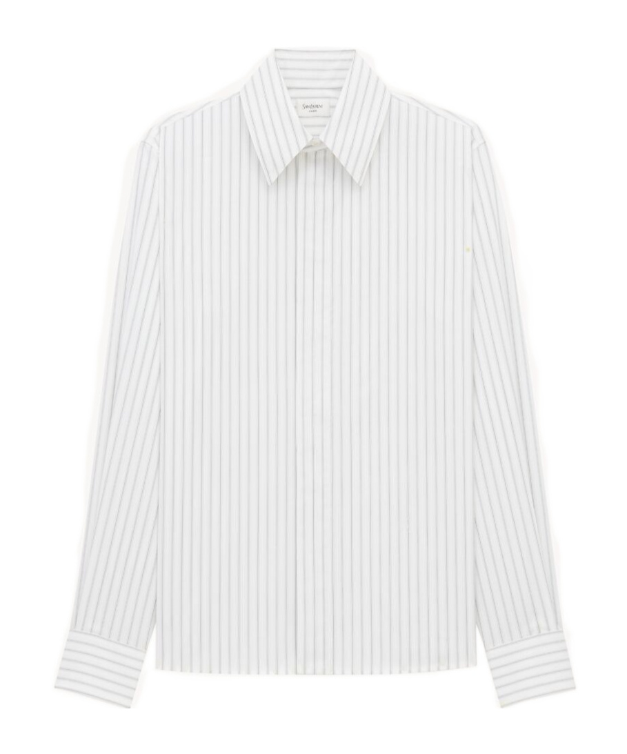 Saint Laurent Cassandre Shirt In Self-stripe Cotton Poplin In White