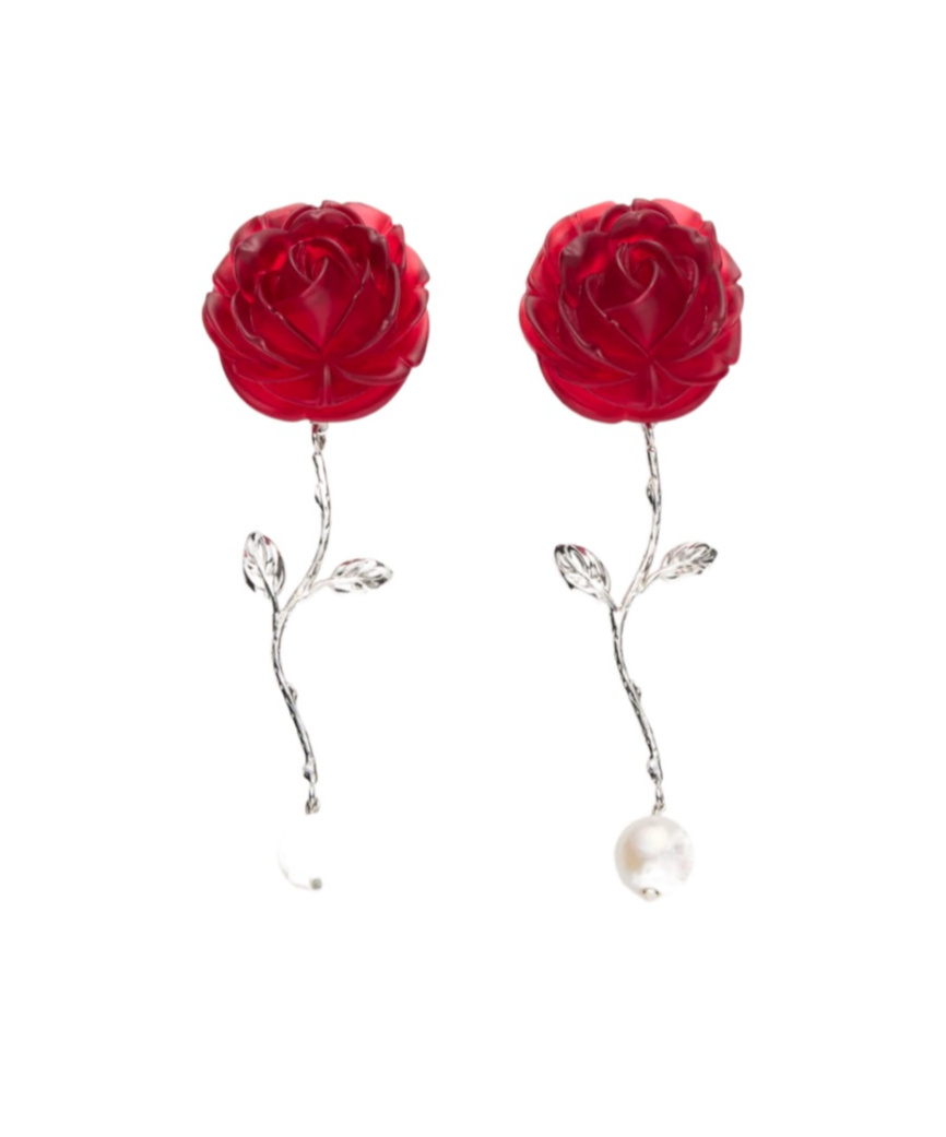Magda Butrym Red Rose Stem Earrings With Pearl Drop In Red