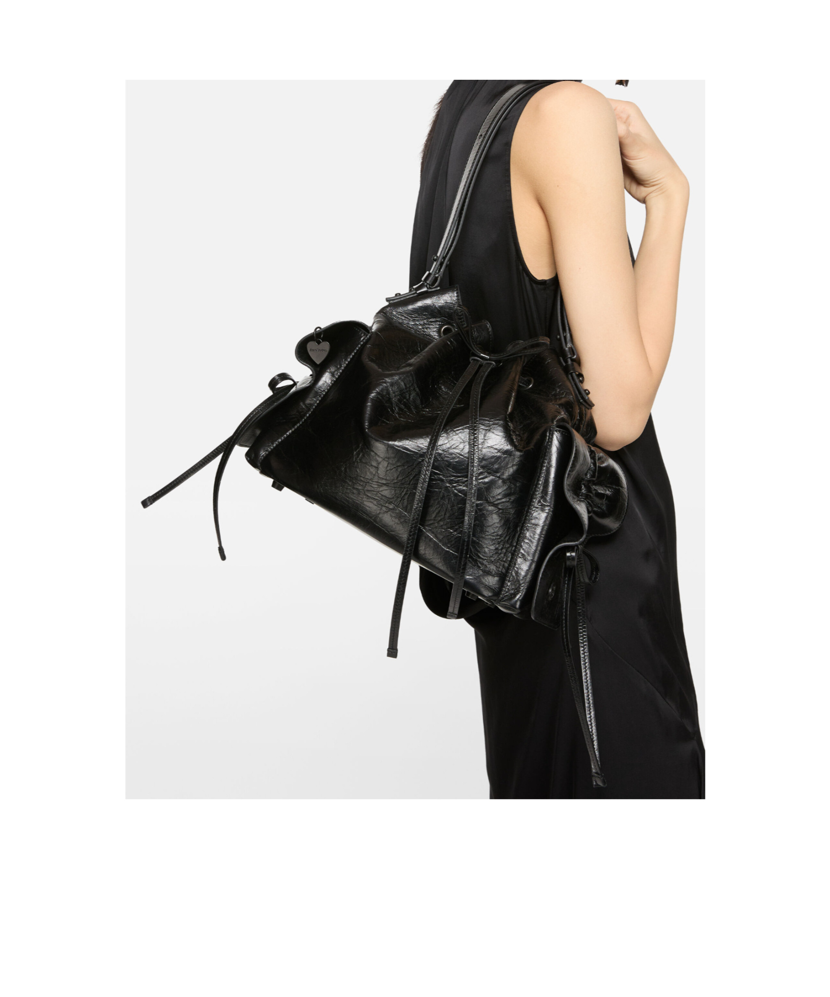 Acne Studios Drawstring Ruffled Leather Shoulder Bag In Black