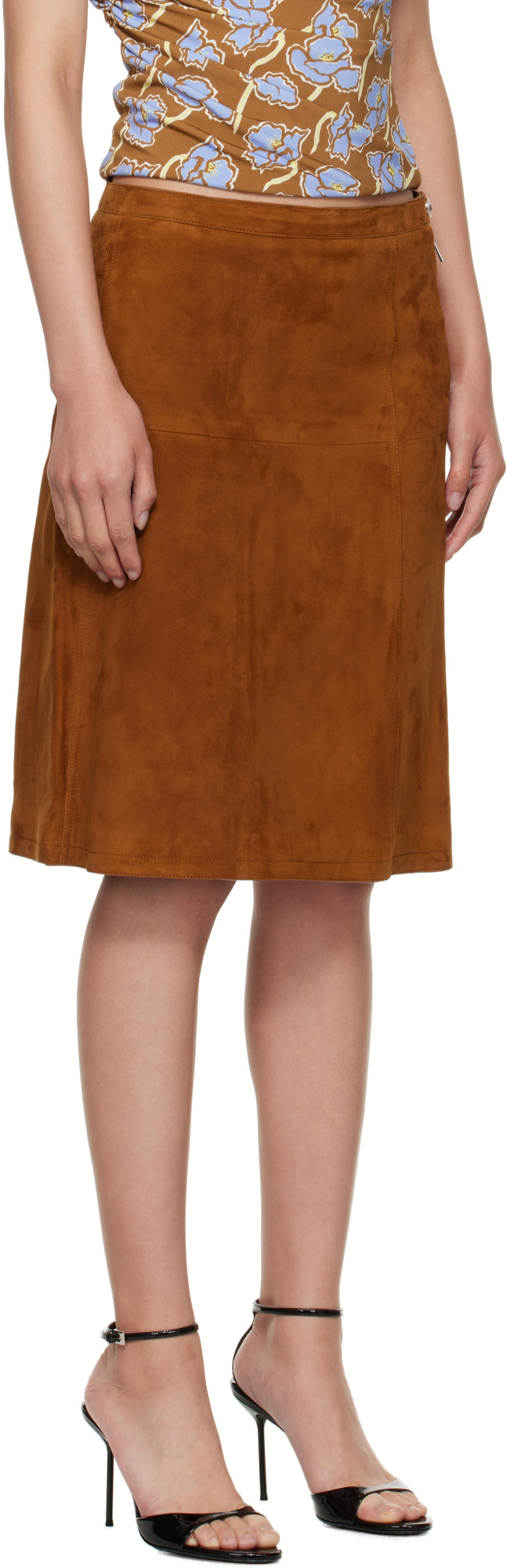 Versace Brown Zip Suede Midi Skirt In Brown
