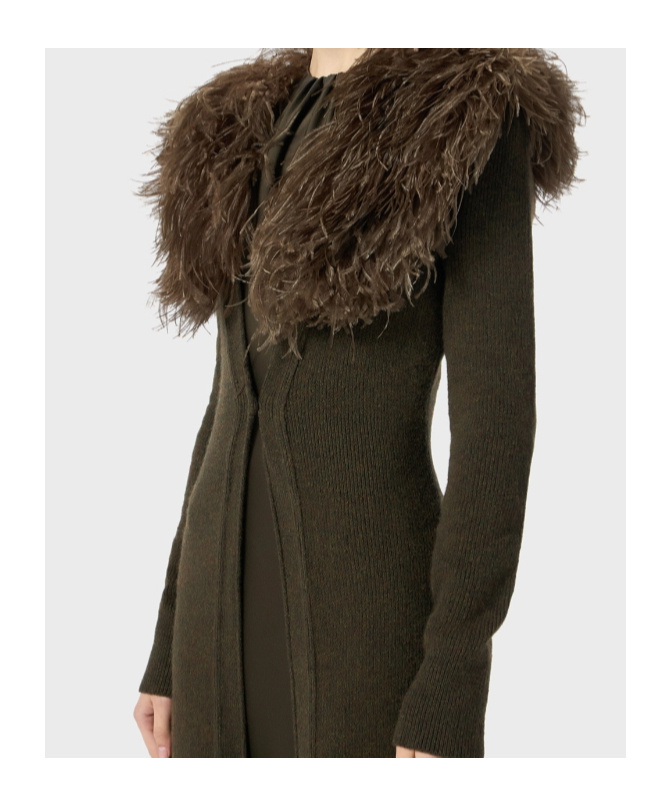 Blumarine Green Long Dress With Removable Feather Collar In Wool Woman In Green