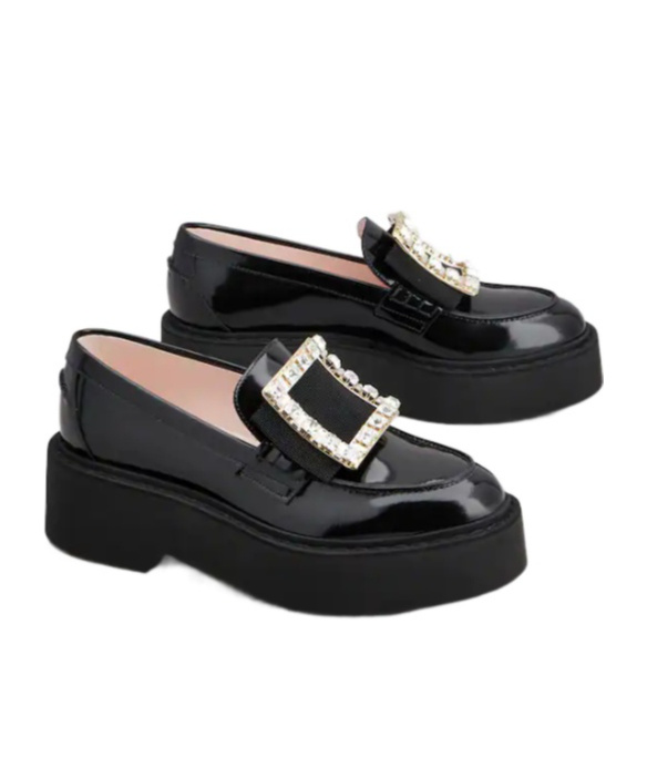 Roger Vivier Viv' Rangers Crystal Embellished Leather Loafers In Black