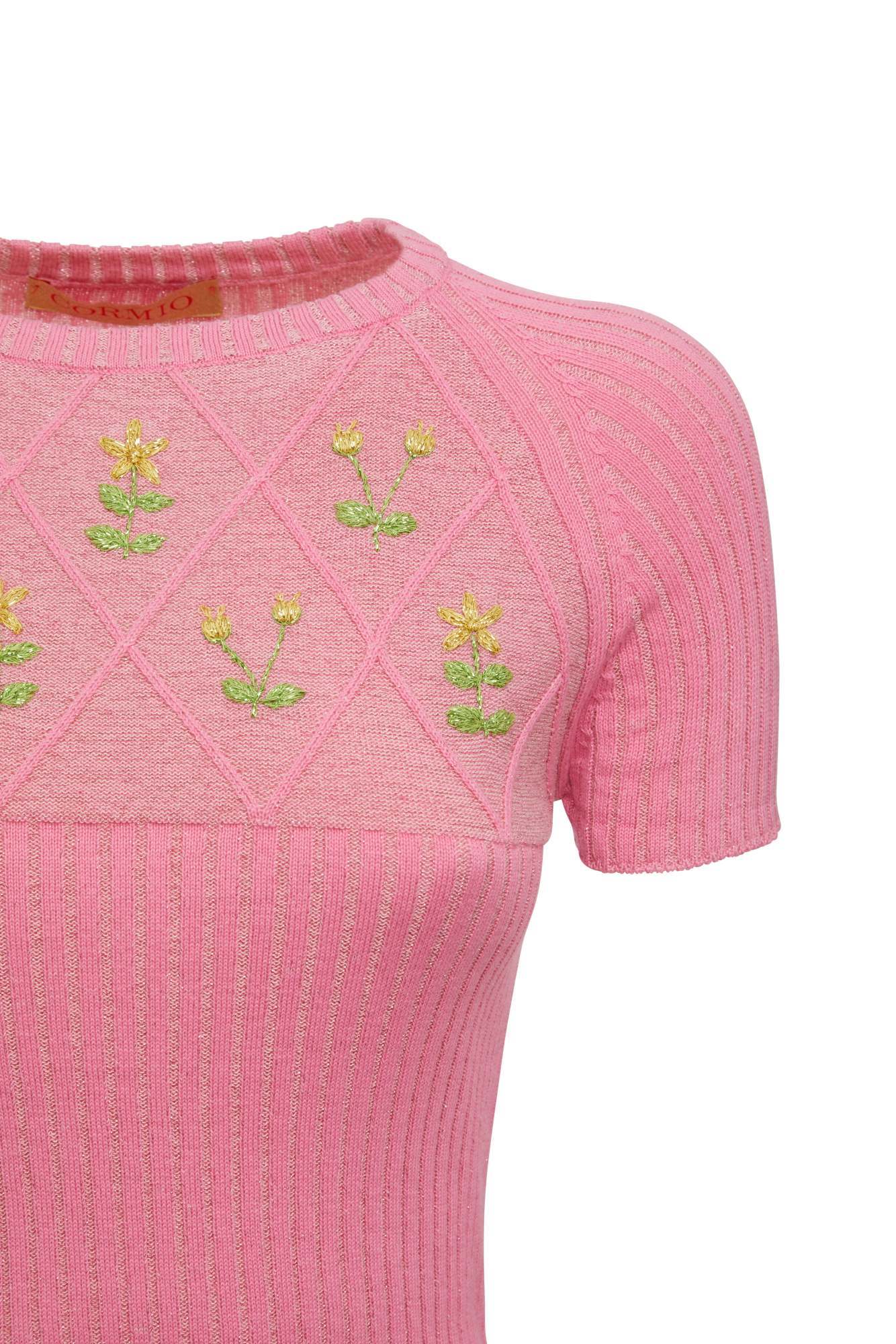 Cormio Floral Embroidered Crewneck Top In Pink