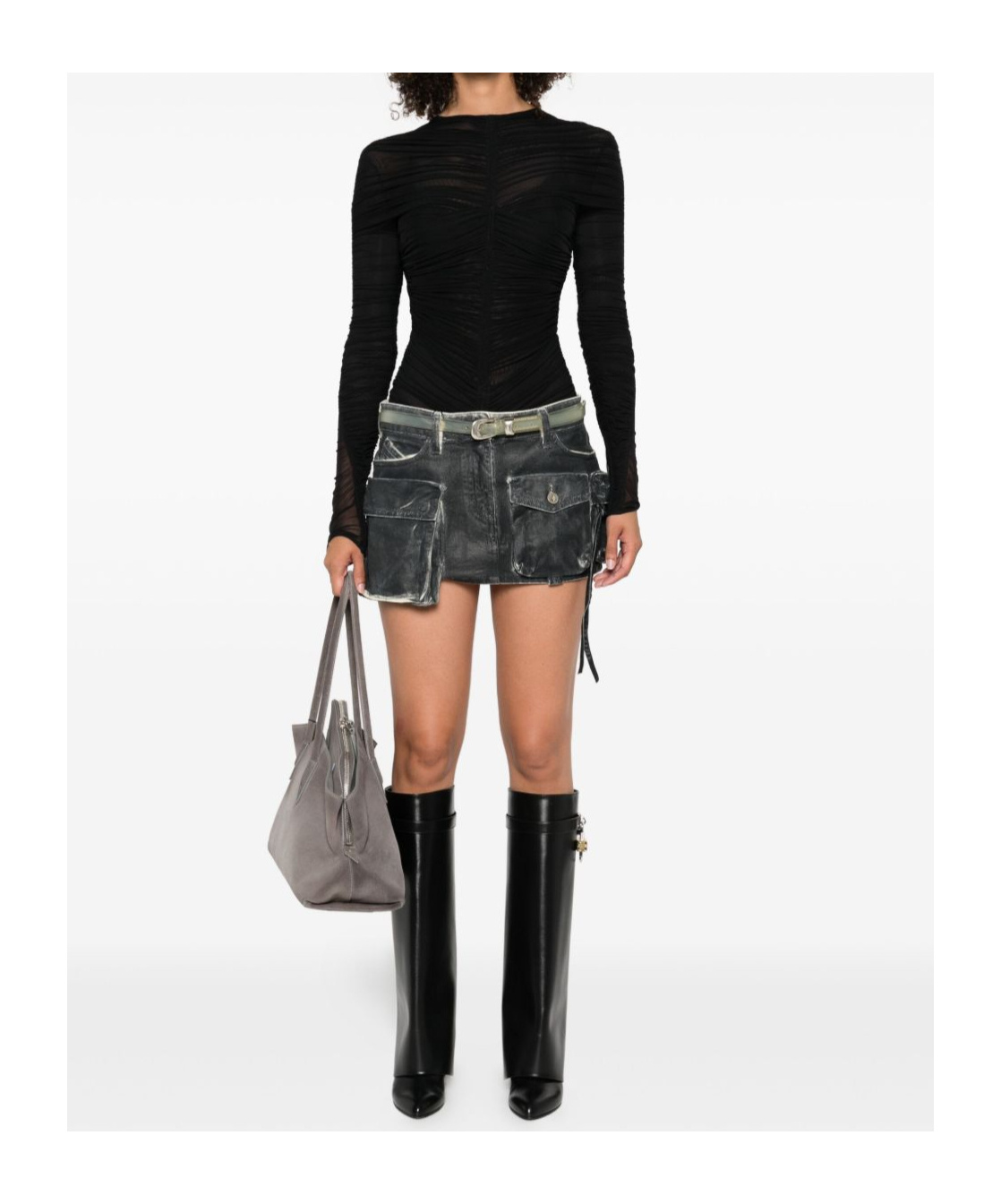 Mugler Gathered Semi-sheer Bodysuit In Black