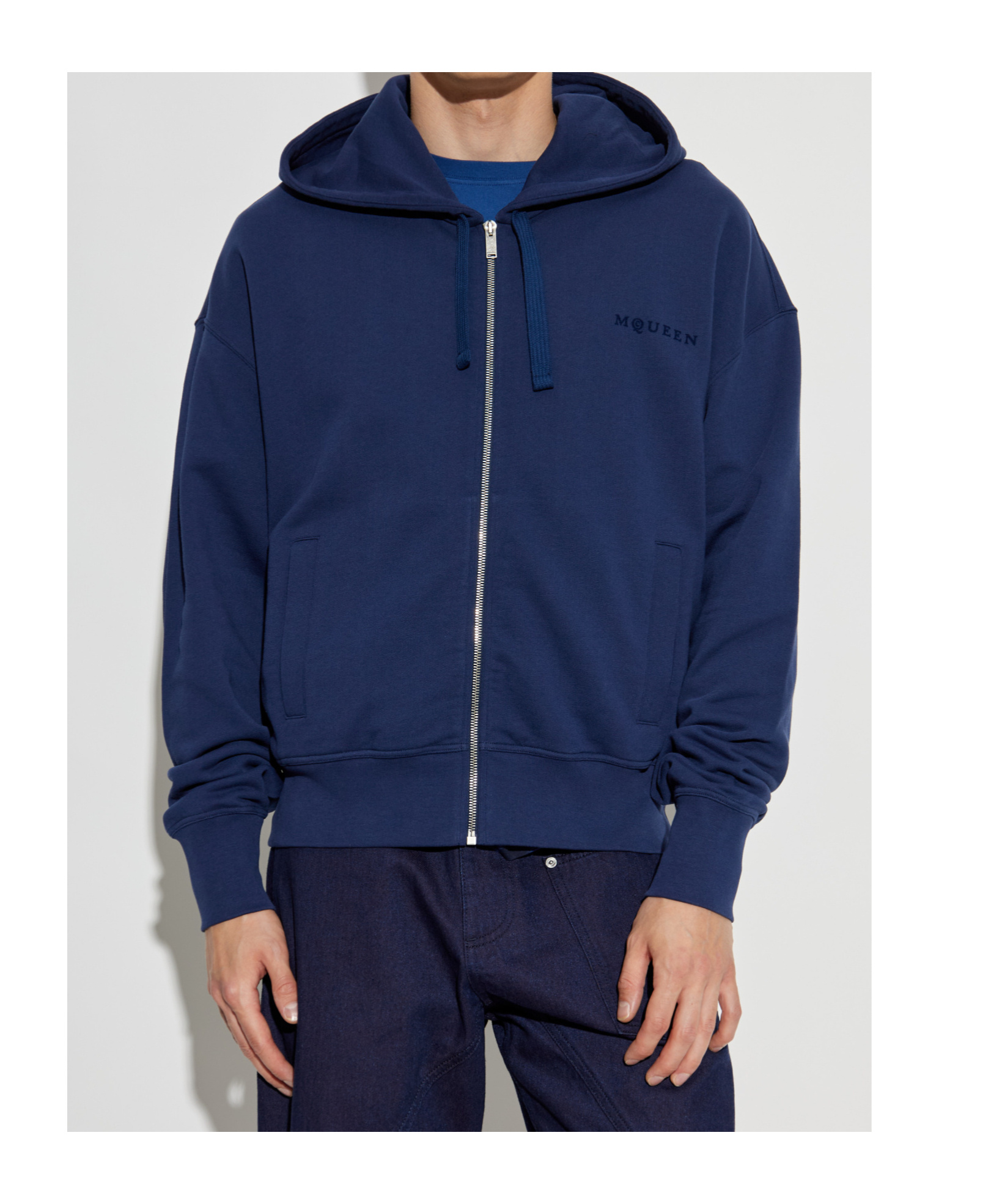 Alexander Mcqueen Full-zip Hooded Sweatshirt With Embroidered Detailing In Blue