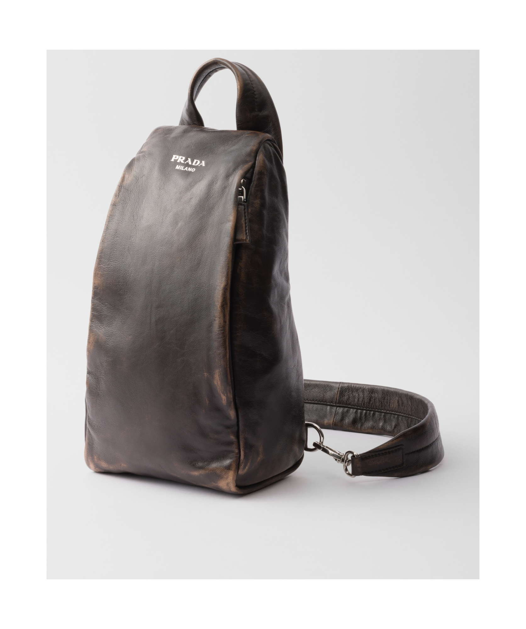 Prada Structured Leather Backpack With Logo Zipper Closure In Dark Brown