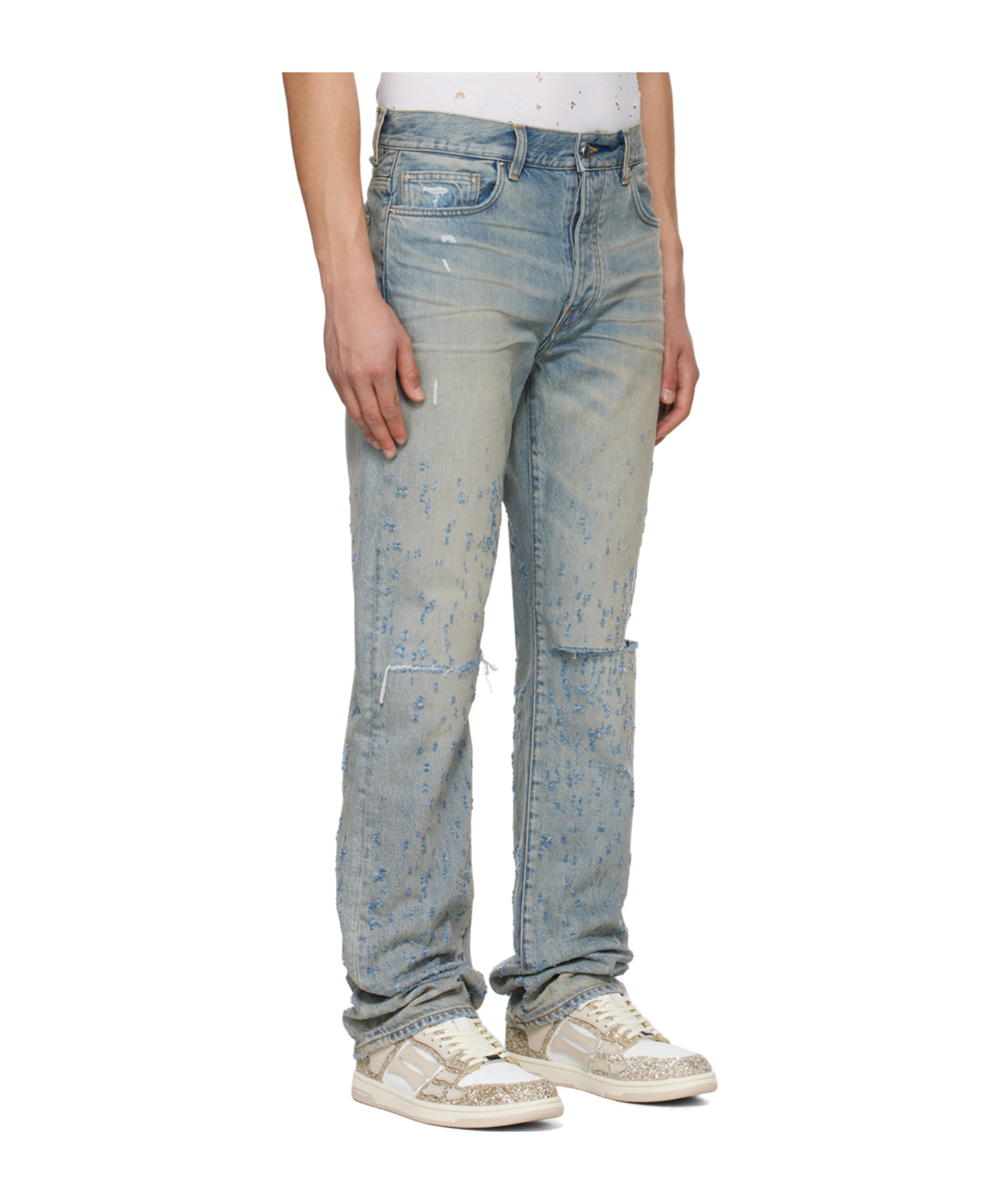 Amiri Light Blue Destroyed Straight Jeans With Cut-out In Cotton Denim Man In Gray